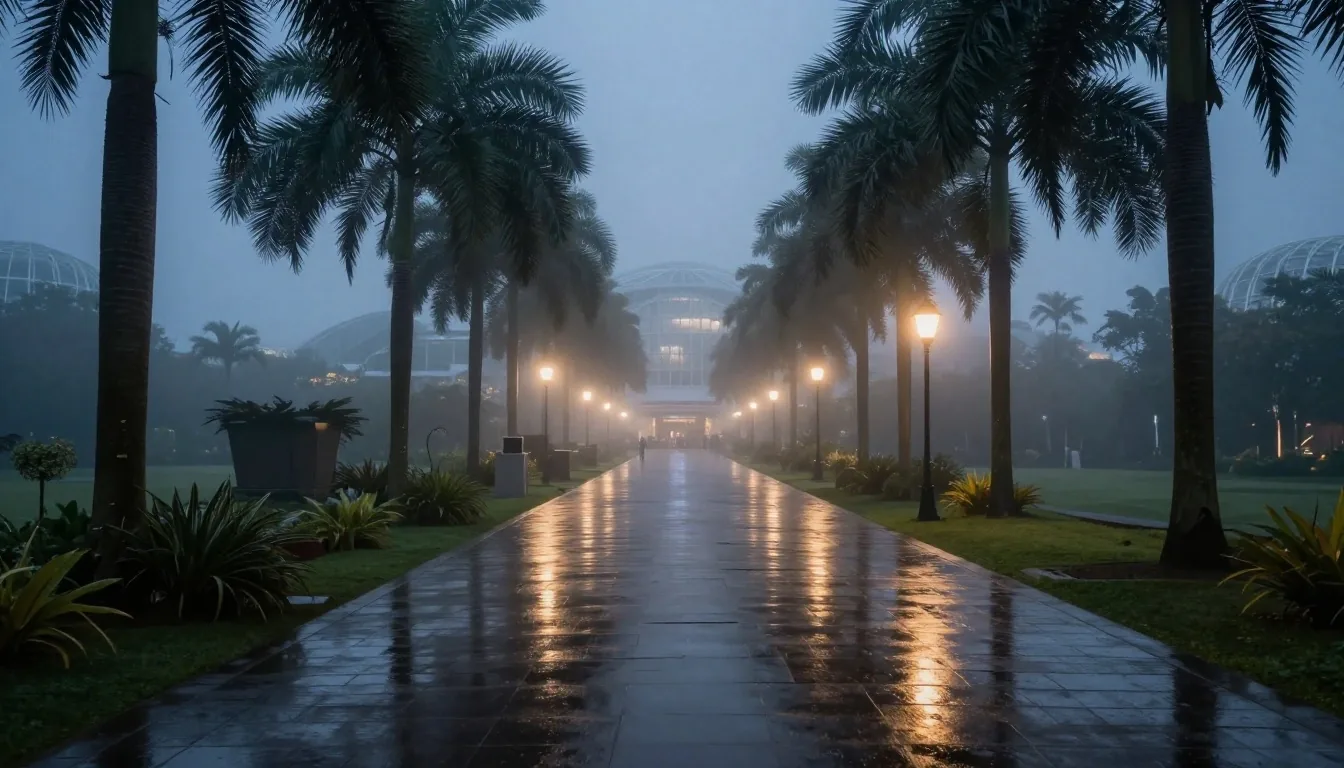 Mist walk toward the conservatories at night