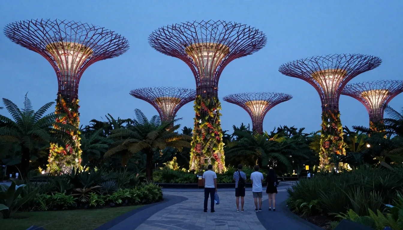 Supertree Grove at blue hour with glowing towers