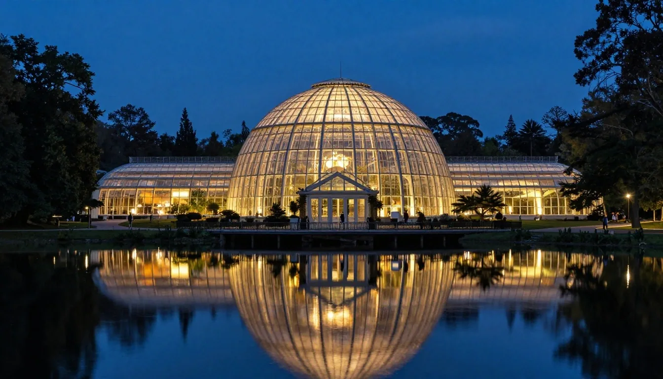 Cloud Forest conservatory and lakeside path at night