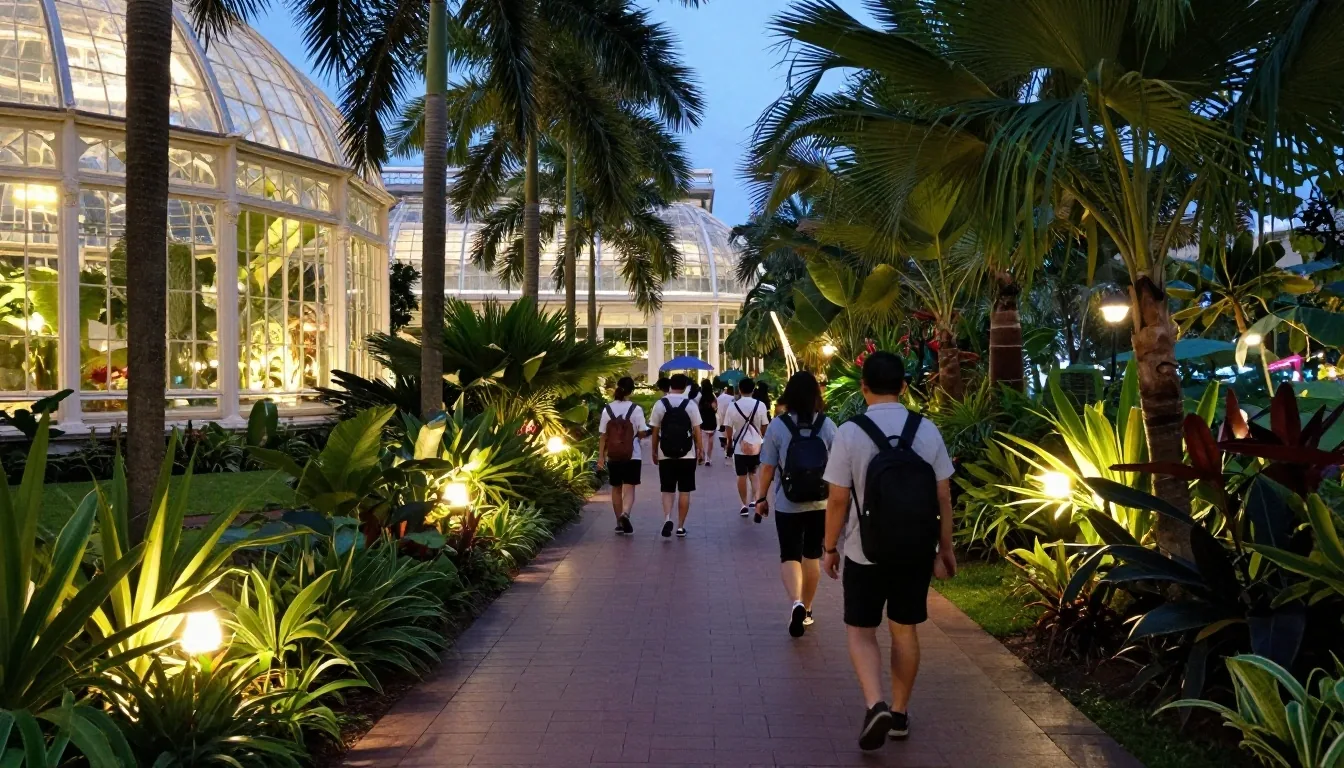 Evening walking path toward the conservatories