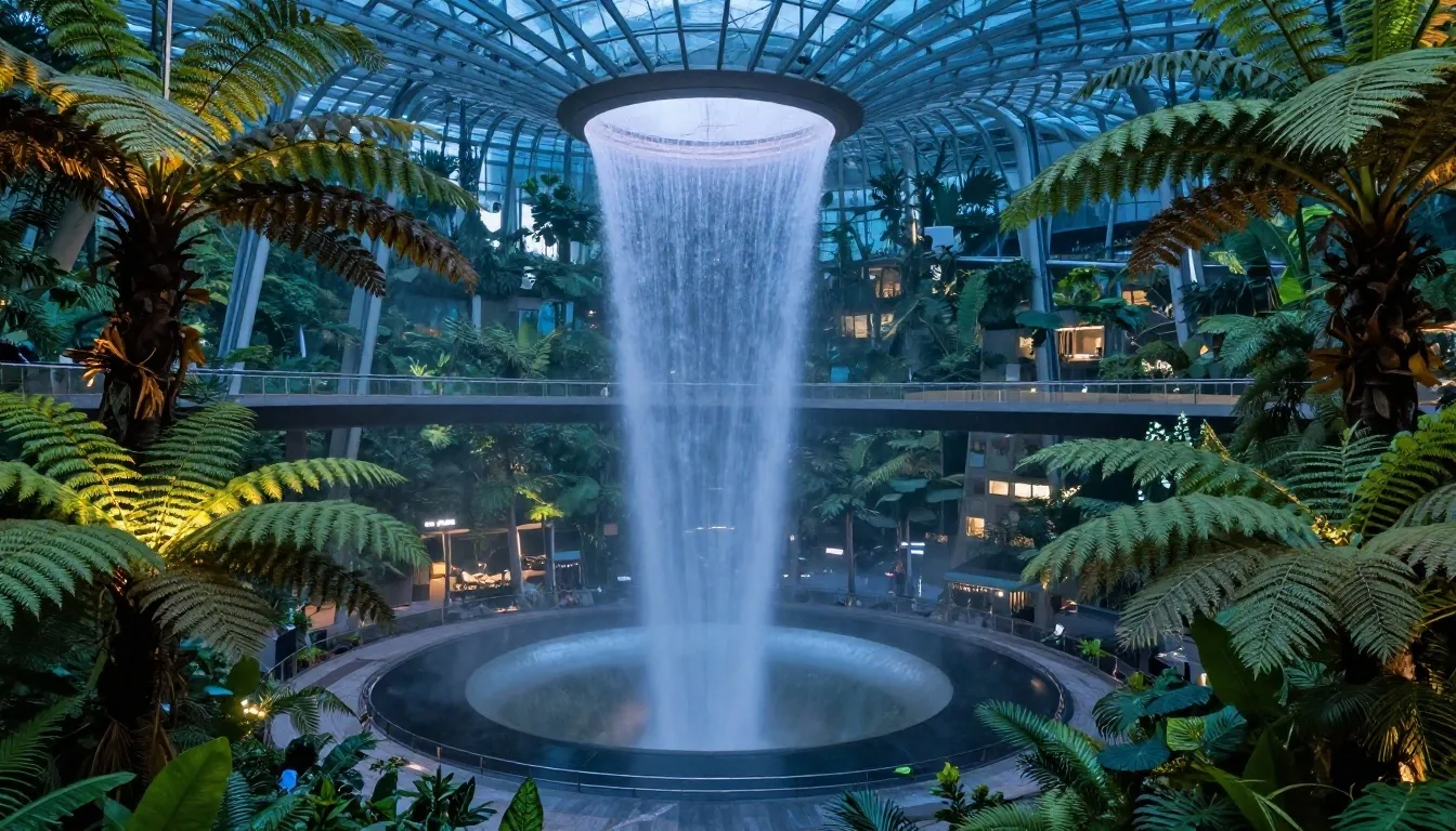 Indoor waterfall inside Cloud Forest Singapore at night