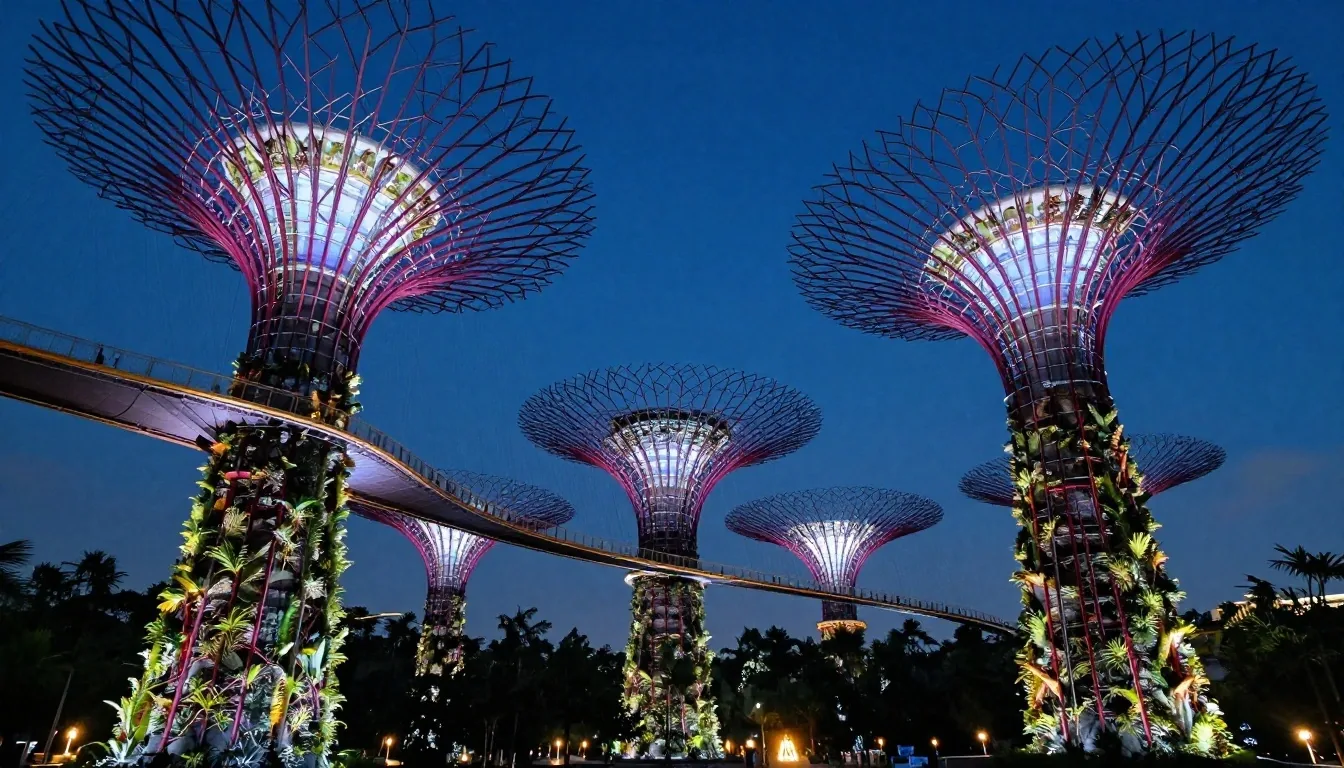 Supertree Grove at Gardens Singapore glowing at night