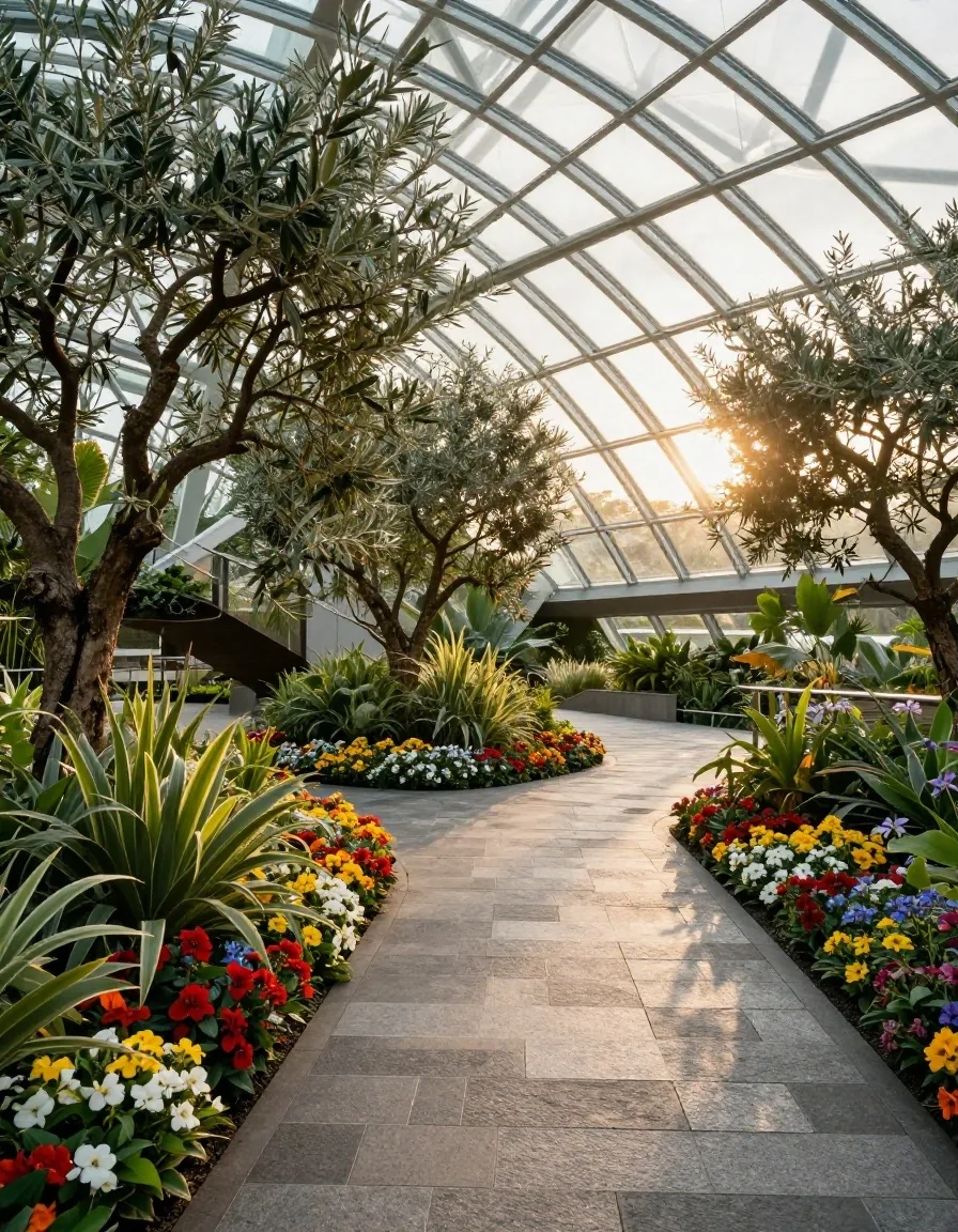 Flower Dome glass roof over olive trees