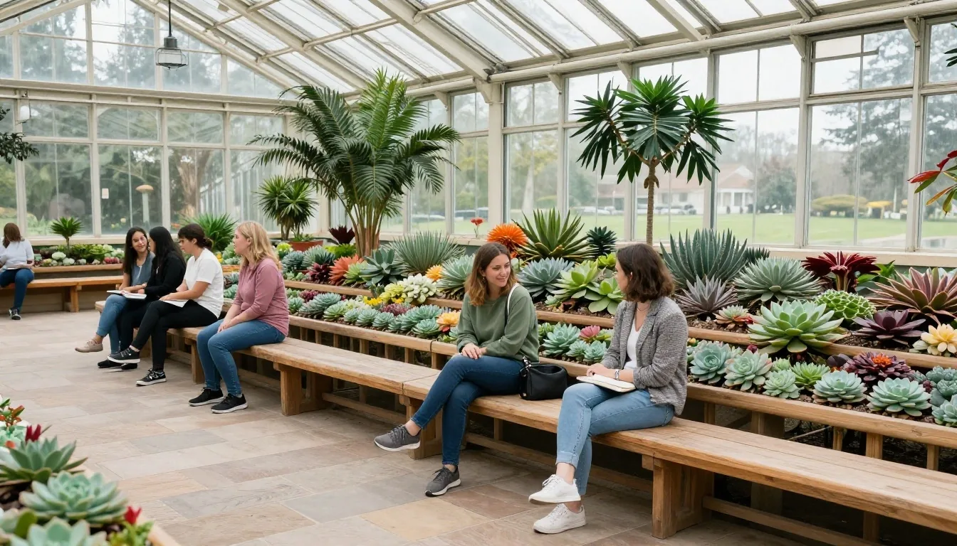 Guided group pausing on a bench inside Flower Dome