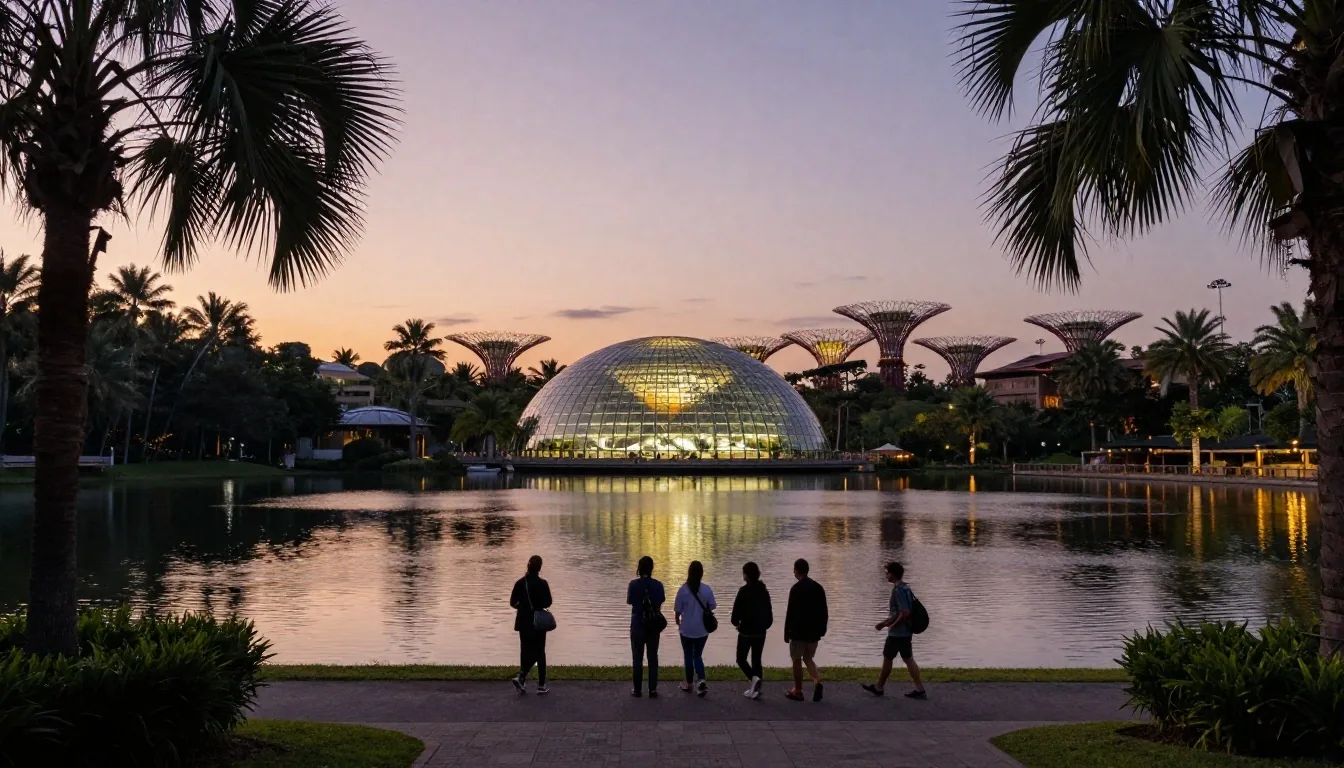 Lake path from Flower Dome toward Supertree Grove at dusk