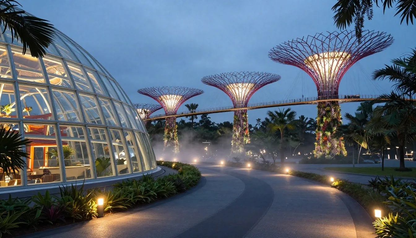 Supertree Grove at blue hour beside the Flower Dome glasshouse
