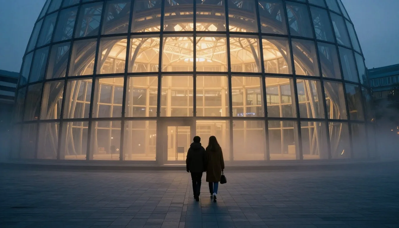 Flower Dome glass and mist walk at dusk
