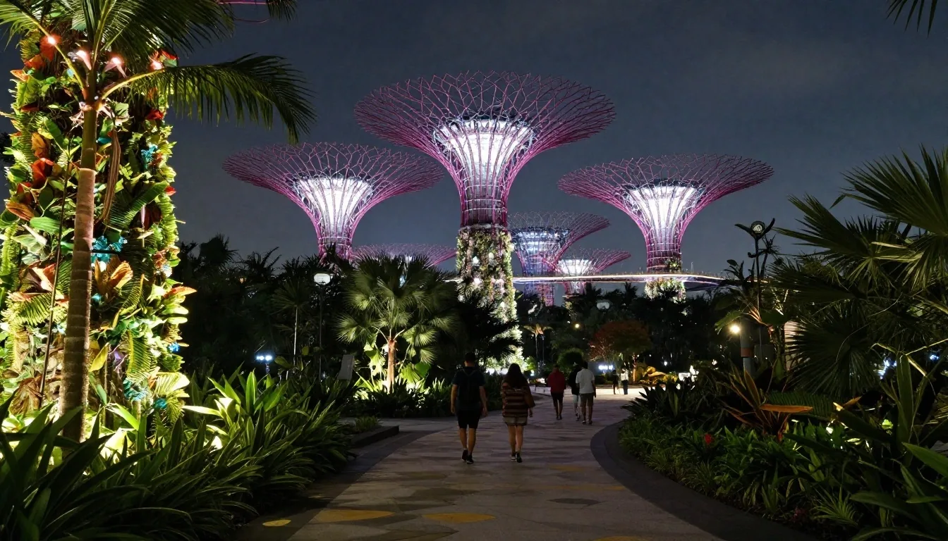 Supertree Grove at night in Gardens Singapore