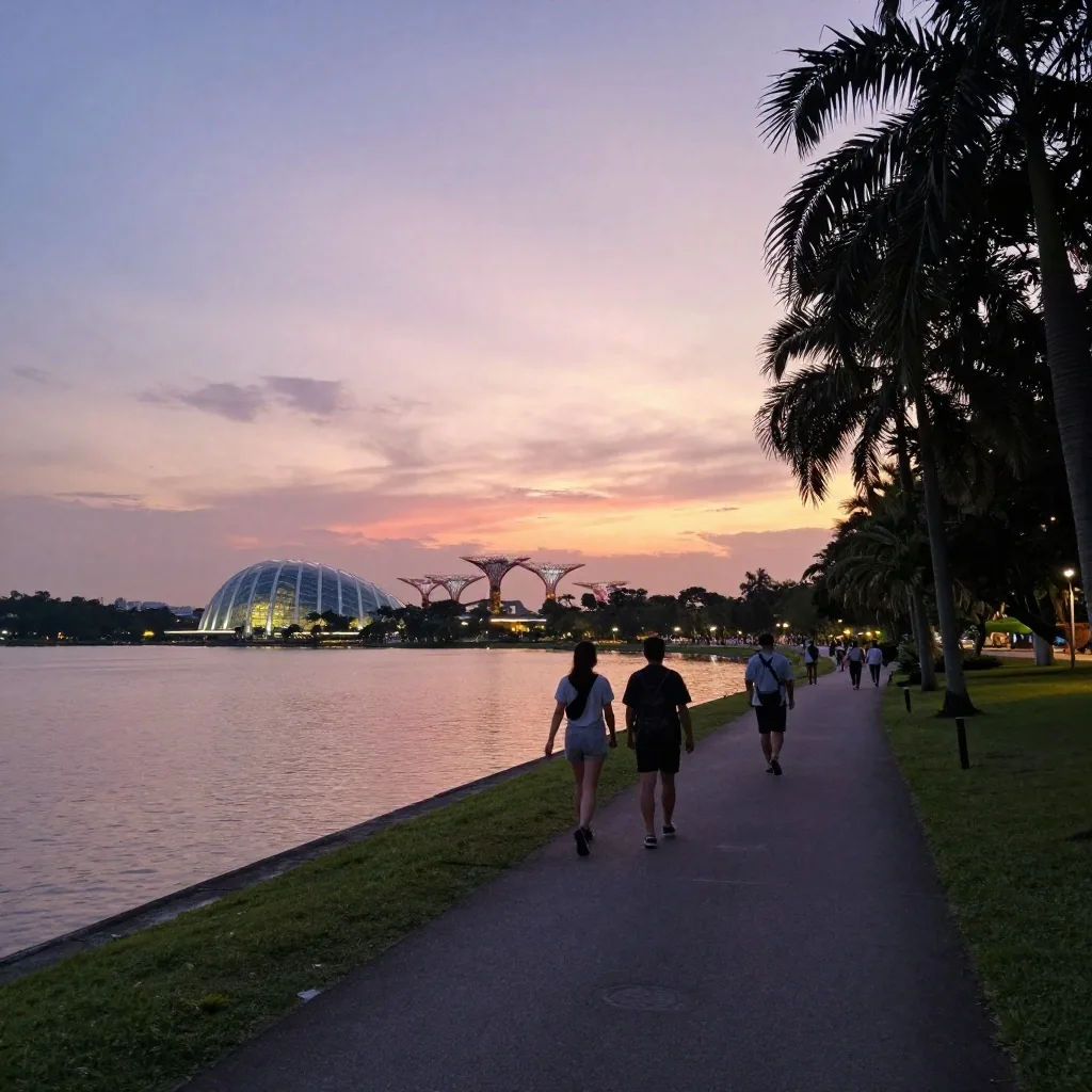 Guide walking with visitors near Supertrees at dusk