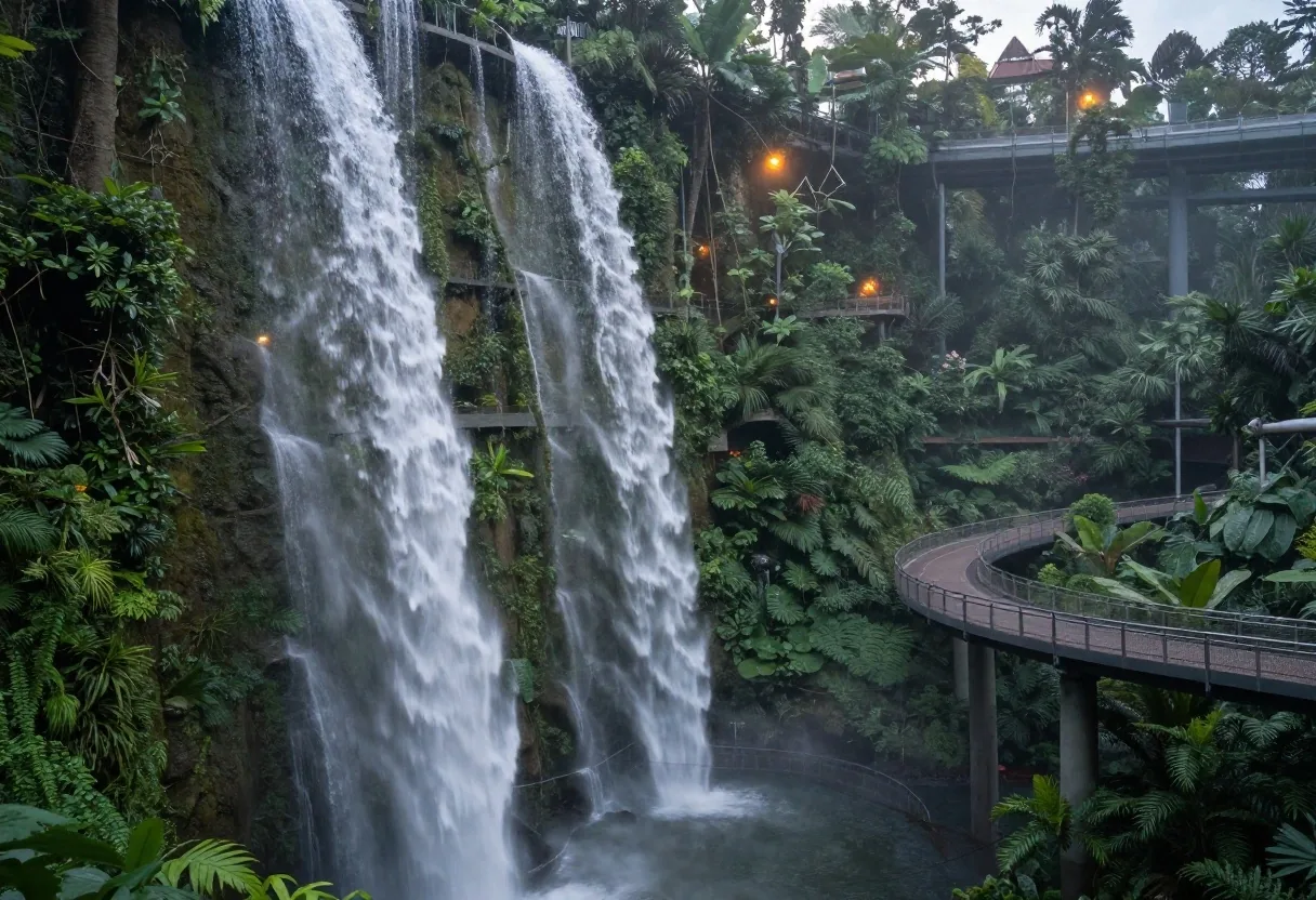 Indoor waterfall and mist walls in Cloud Forest Singapore