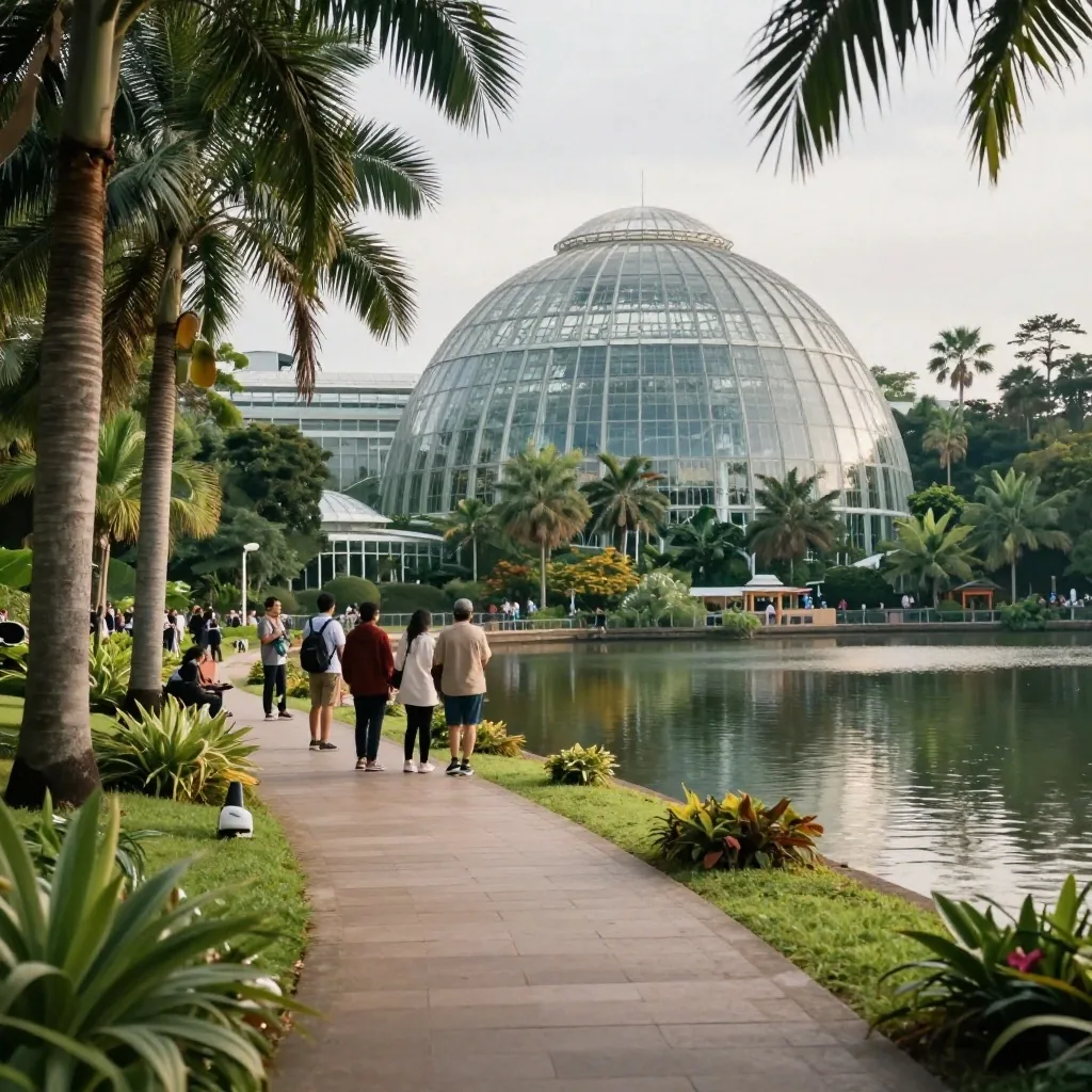 Conservatories and lake in daylight