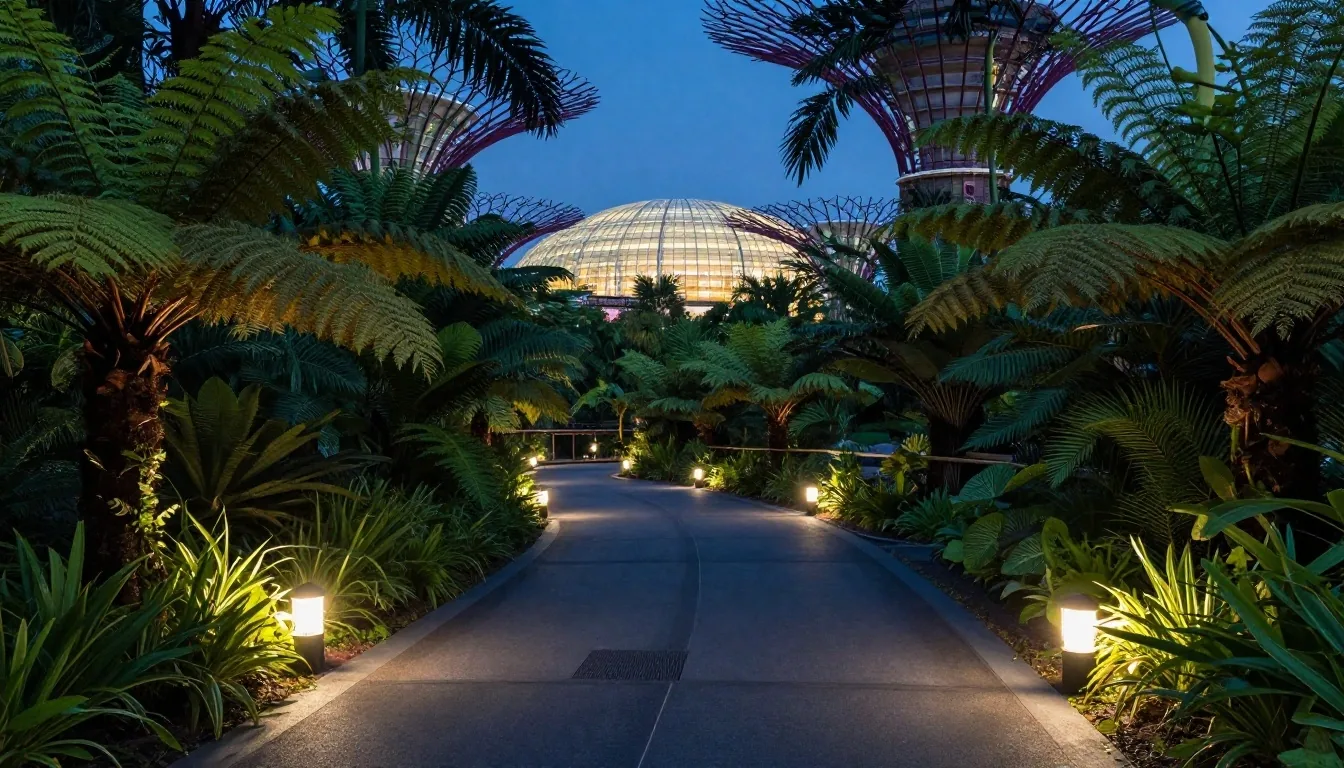Evening walkway toward the conservatories