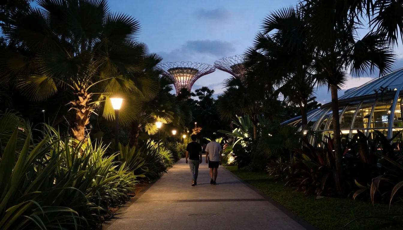 Evening walkway toward the conservatories