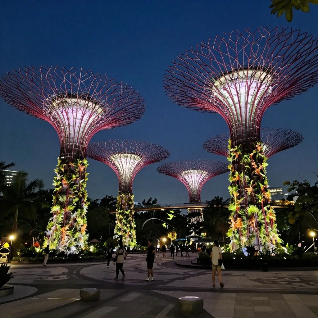 Supertree light show with glowing canopies over seated crowd