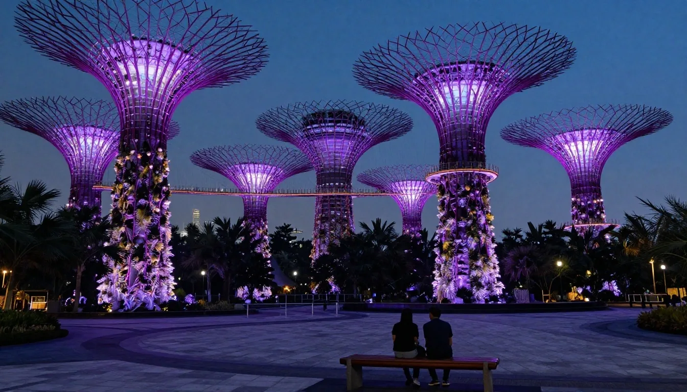 Supertree Grove Singapore at night with illuminated Supertrees