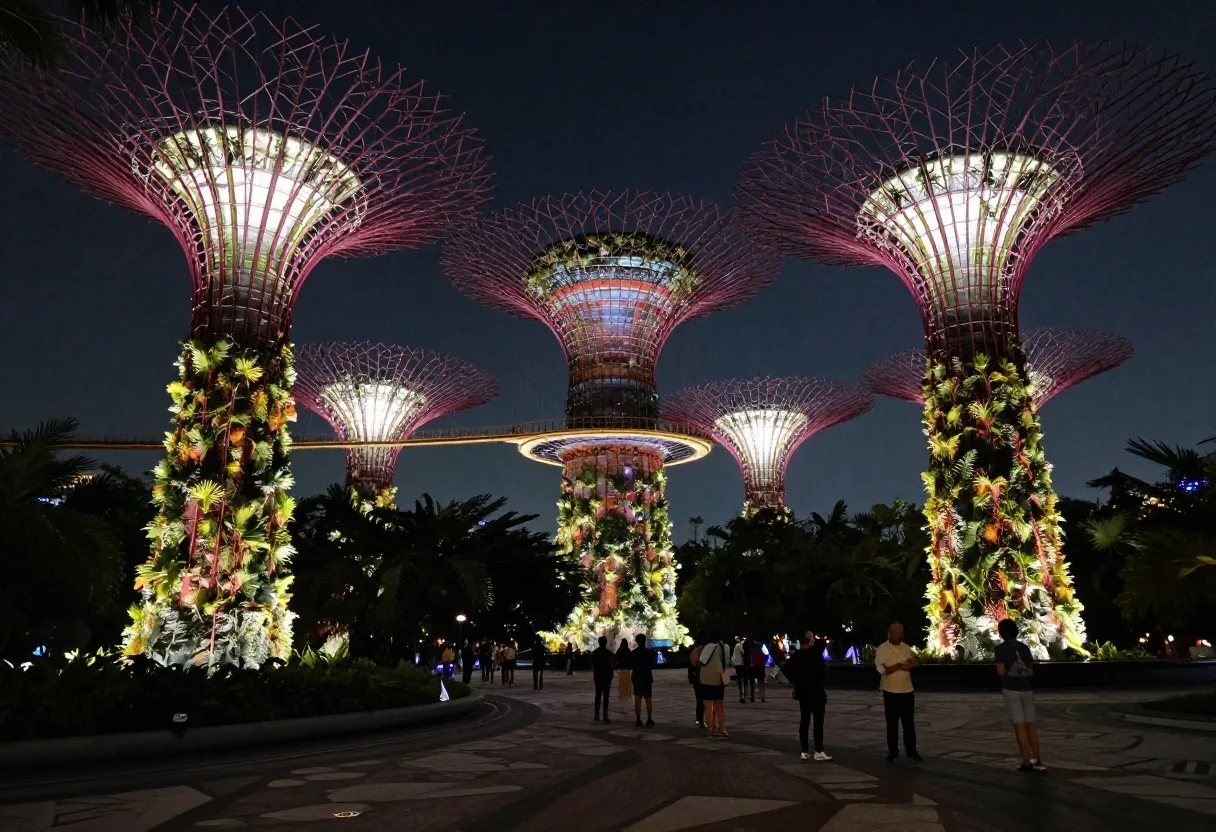Visitors positioned around Supertree Grove plaza before the light show