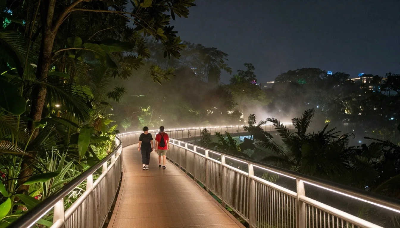 Indoor waterfall inside Cloud Forest at night